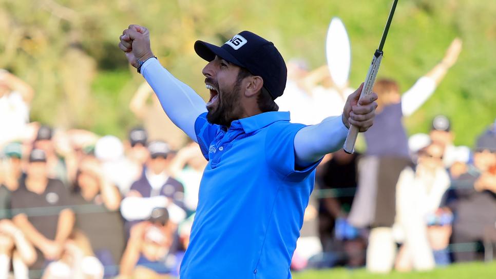 LA JOLLA, CALIFORNIA - JANUARY 27: Matthieu Pavon of France celebrates on the 18th green after making birdie to win the Farmers Insurance Open at Torrey Pines South Course on January 27, 2024 in La Jolla, California. (Photo by Sean M. Haffey/Getty Images)