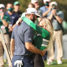 AUGUSTA, GEORGIA - NOVEMBER 15: Dustin Johnson of the United States kisses fiancÃ©e Paulina Gretzky after winning the Masters at Augusta National Golf Club on November 15, 2020 in Augusta, Georgia. (Photo by Jamie Squire/Getty Images)