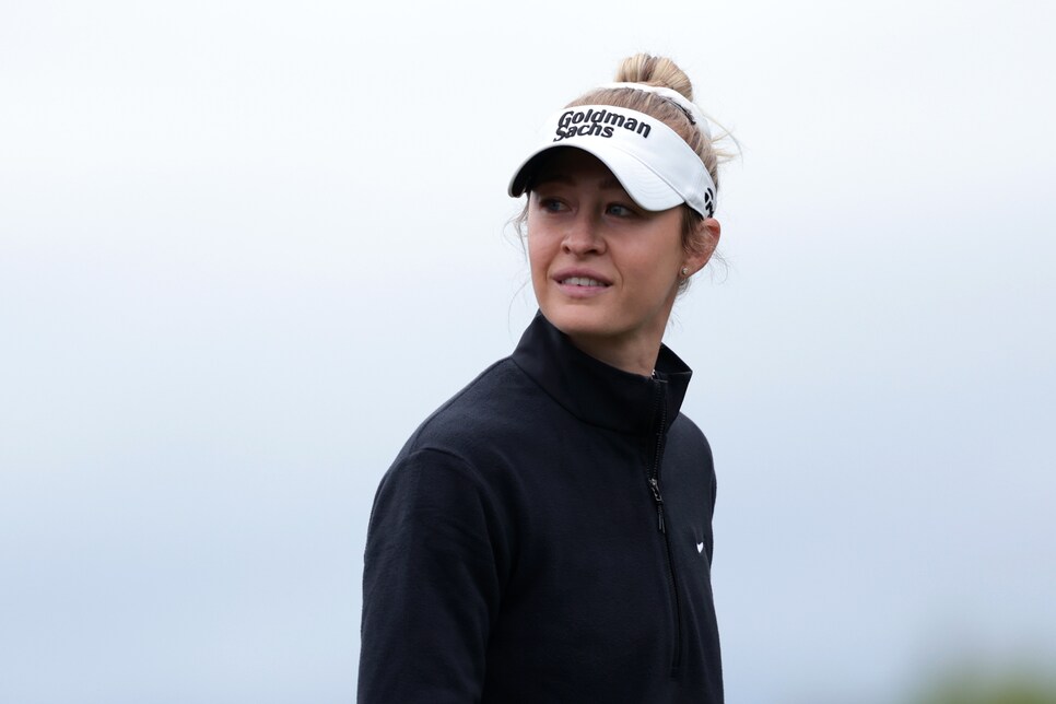 TARZANA, CALIFORNIA - APRIL 17: Nelly Korda of the United States looks on after playing her shot from the 13th tee during the first round of the JM Eagle LA Championship presented by Plastpro 2025 at El Caballero Country Club on April 17, 2025 in Tarzana, California. (Photo by Katelyn Mulcahy/Getty Images)