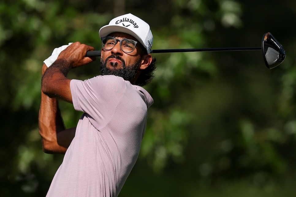 MEMPHIS, TENNESSEE - AUGUST 07: Akshay Bhatia hits a tee shot on the seventh hole during the first round of the FedEx St. Jude Championship 2025 at TPC Southwind on August 07, 2025 in Memphis, Tennessee. (Photo by Andy Lyons/Getty Images)