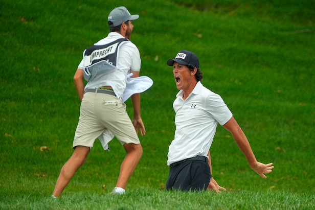 Christo Lamprecht and caddie unleash awesome double club toss after holing bunker shot to claim first Korn Ferry Tour win