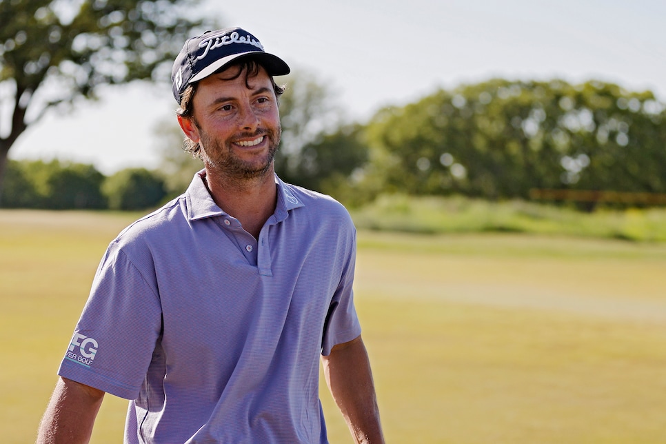 ARLINGTON, TEXAS - APRIL 16: Spencer Levin of the United States celebrates after winning the Veritex Bank Championship at Texas Rangers Golf Club on April 16, 2023 in Arlington, Texas. (Photo by Mike Mulholland/Getty Images)