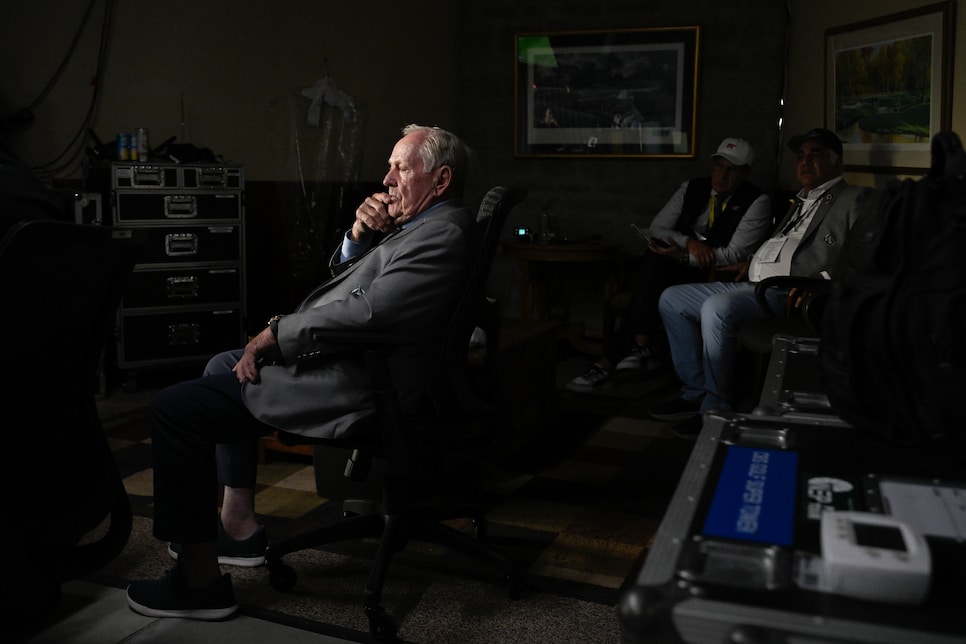 DUBLIN, OHIO - MAY 31: Jack Nicklaus watches the broadcast inside the CBS booth during the third round of  the Memorial Tournament presented by Workday at Muirfield Village Golf Club on May 31, 2025 in Dublin, Ohio. (Photo by Ben Jared/PGA TOUR via Getty Images)