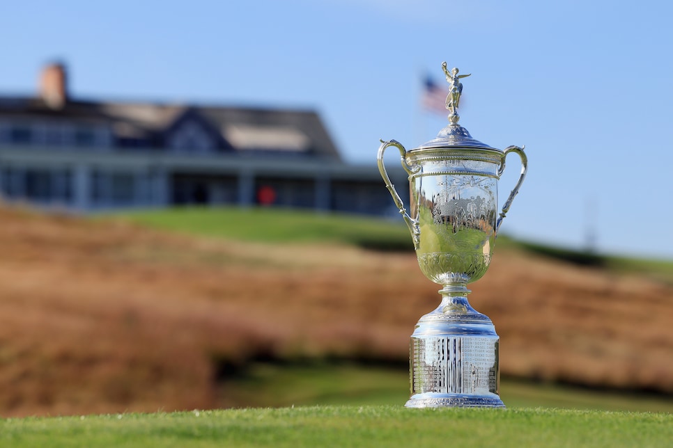 SOUTHAMPTON, NEW YORK - SEPTEMBER 15: A general view of the U.S. Open Championship Trophy on the golf course at Shinnecock Hills Golf Club on September 15, 2025 in Southampton, New York. The 126th U.S. Open will be played on the course in 2026. (Photo by Bruce Bennett/Getty Images)