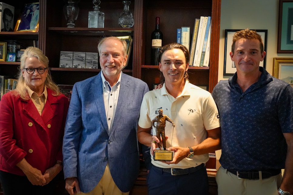 /content/dam/images/golfdigest/fullset/2026/3/rickie-fowler-arnie-award-jerry-tarde-amy-saunders-sam-saunders-office-2026.jpg