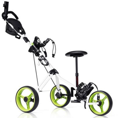 Costway Foldable 3 Wheel Push Pull Golf Club Cart Trolley w/Seat Scoreboard Bag Swivel