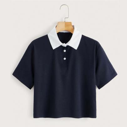 Romwe Contrast Collar Crop Polo Shirt