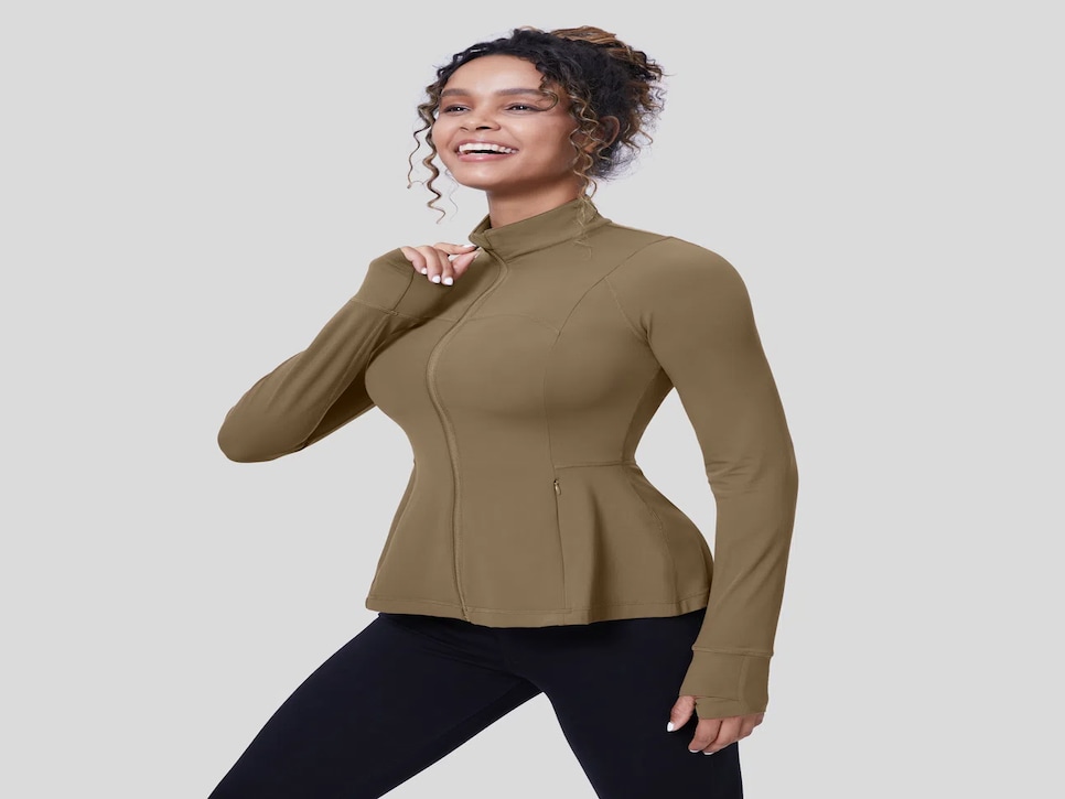 Halara Women s Softlyzero Long Sleeve Thumb Hole Side Pocket Zipper Ruffle Hem Slim Yoga Jacket UPF50 Golf Equipment Clubs Balls Bags GolfDigest