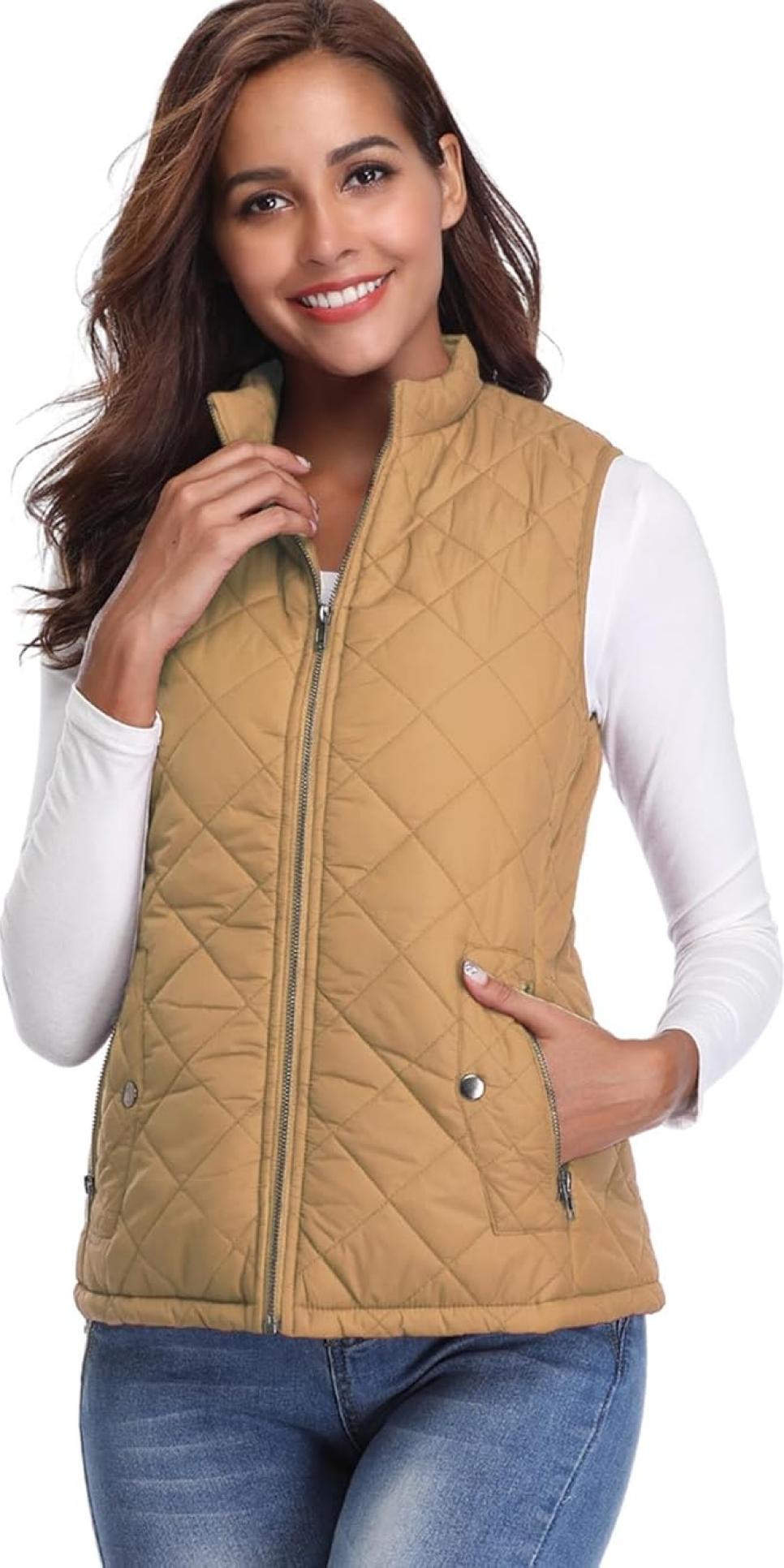 Fuinloth Women's Quilted Vest, Stand Collar Lightweight Zip Padded Gilet