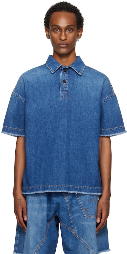 JW ANDERSON Men’s Indigo Frayed Denim Polo